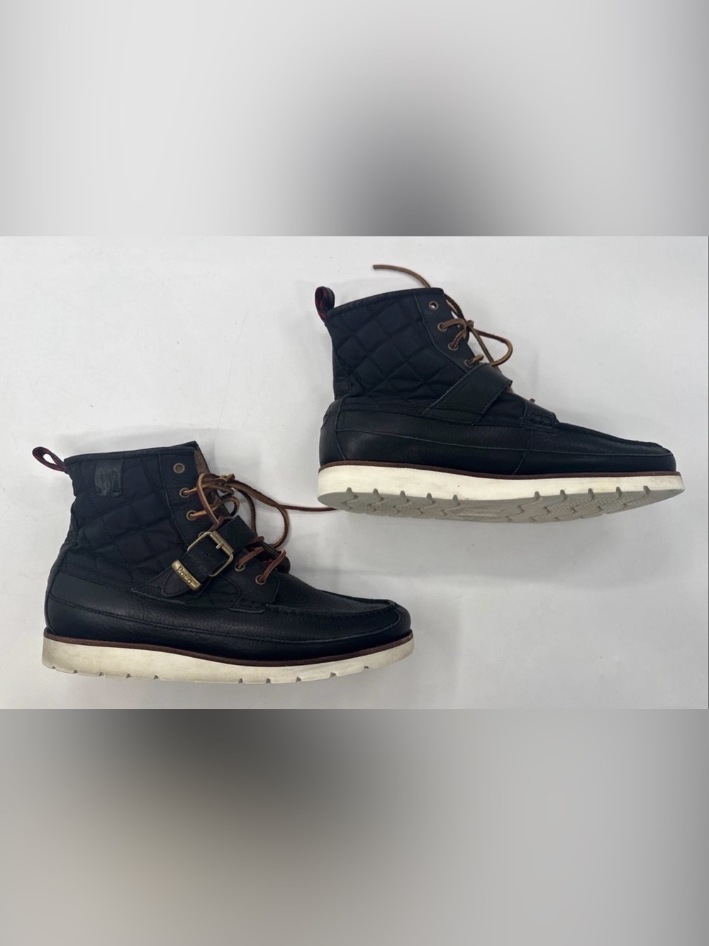 Polo Ralph Lauren Boots Men's 11 Black Leather Saddleworth Buckle Quilted Combat - Picture 7 of 12